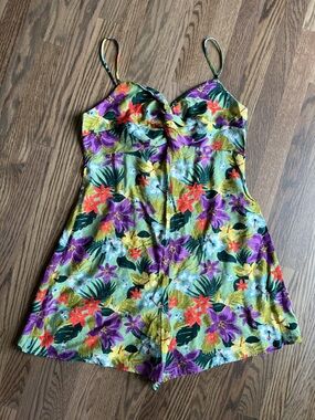 Lush Green Floral Slip romper with Purple, Yellow & bright coral Blooms